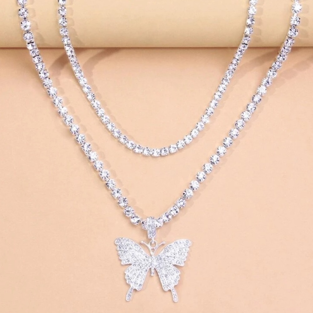 Icy Tennis Bling Butterfly Pendant Necklace set